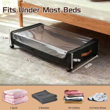 Under Bed Storage with Wheels, Black, 35L Large Capacity | Clear Lid & Label, Rolling Metal Drawer, For Clothes, Shoes, Toys, Books, Blankets