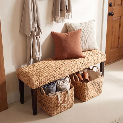 Solid Acacia Wood Entryway Bench with Water Hyacinth Woven Seat, Black Leg | Wicker Bench Indoor for Hallway, End of Bed, Rustic Farmhouse Boho Modern - color: Fishbone - Black Leg & Water Hyacinth