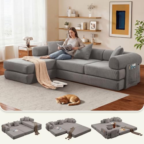 107" Modular Sectional Sofa Bed, L-Shape Corduroy Boneless Couch, Grey | Sleeper Futon Sofa Bed, Boneless Couches for Living Room, Modular Couch with Storage, Pull Out Couch, No Assembly Required - color: Grey Corduroy