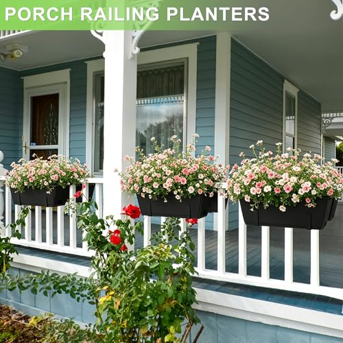 Railing Planter Box Adjustable Window Boxes Planters Set of 2, Black | Hanging Balcony Planters with Removable Bracket, Outdoor Plastic Flower Pots for Fence, Deck Railing, Porch, Patio Garden - color: Black