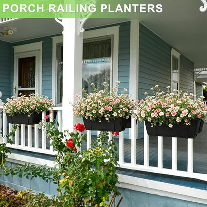 Railing Planter Box Adjustable Window Boxes Planters Set of 2, Black | Hanging Balcony Planters with Removable Bracket, Outdoor Plastic Flower Pots for Fence, Deck Railing, Porch, Patio Garden - color: Black