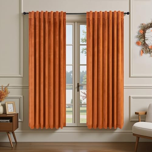 Burnt Orange Velvet Curtains 72 Inch Length 2 Panels for Dining Room Living Back Tab Pleated Thermal Insulated Curtains for Summer Heat Block Winter Rust Terracotta Drape for Girls Bedroom Kids Funky - color: Burnt Orange, size: 52"W x 72"L (Pack of 2)