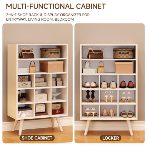 5 Tiers Shoe Cubby with Legs, Stackable Wood Shoe Rack Organizer with 9-Cube and 2 Storage Shelves, Holds 10-15 Pairs, Freestanding Shoe Rack for Closet, Entryway, Apartment, White - color: White