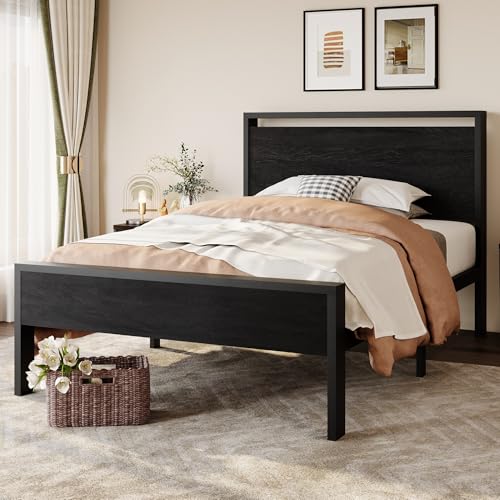 SHA CERLIN 14 Inch Twin Size Metal Platform Bed Frame with Wooden Headboard and Footboard, Mattress Foundation, No Box Spring Needed, Large Under Bed Storage, Heavy Duty Slats Support, Black Oak - color: Black Oak, size: Twin