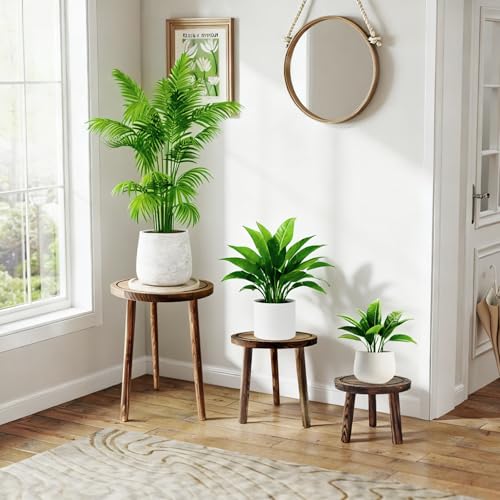 3-Pack Wood Plant Stands Indoor for 6-12 Inch Pots | Multiple Mid-Century Modern Stool, Tall Corner Planter Table for Living Room, Balcony & Office