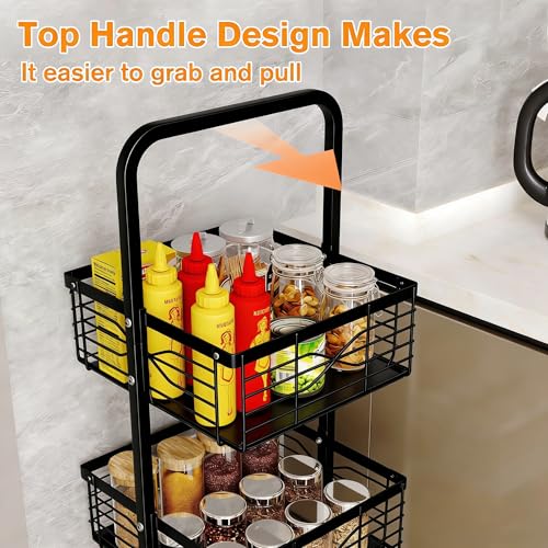3 Tier Rolling Cart, Heavy Duty Metal Utility Cart with 4 Lockable Wheels & Handle, Multi-Purpose Storage Organizer for Kitchen, Bathroom, Laundry Room, Pantry, Office, Craft, Makeup (Black) - color: Black