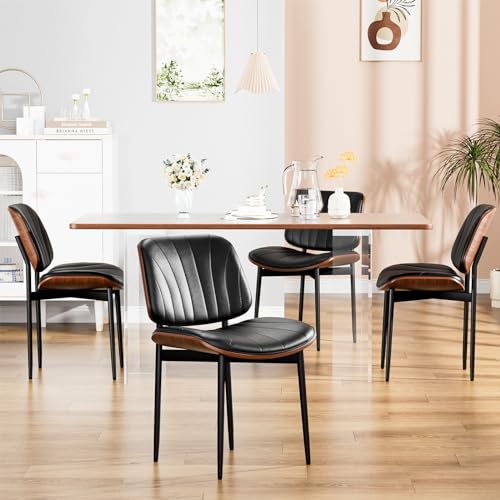 YaFiti Mid Century Dining Chairs Set of 2 with Walnut Bentwood, Black | Ergonomic Walnut Backrest, Upholstered Waterproof PU Leather Seat, Stable Metal Legs, Adjustable Footpads, Apartment Friendly - color: Black Scallop