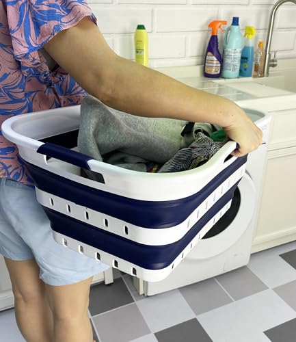 SAMMART 42L (11 gallon) Collapsible Plastic Laundry Basket - Foldable Pop Up Storage Container/Organizer - Space Saving Hamper/Basket (1, White/Starry Blue) - color: White/Starry Blue