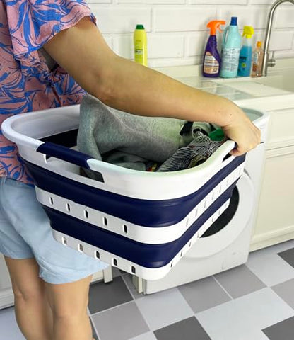 SAMMART 42L (11 gallon) Collapsible Plastic Laundry Basket - Foldable Pop Up Storage Container/Organizer - Space Saving Hamper/Basket (1, White/Starry Blue) - color: White/Starry Blue