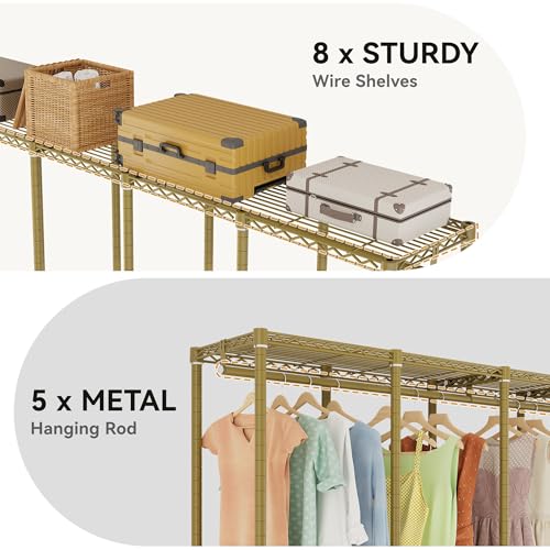 Higeego H5 Heavy Duty Clothes Rack, Freestanding Clothing Rack, Gold | 93.3"Wx15.7"Dx75.4"H, Large Garment Rack, Freestanding Clost Rack for hanging clothes, with Adjustable Shelf, Load 1400 lbs - color: Gold