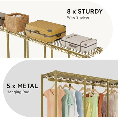 Higeego H5 Heavy Duty Clothes Rack, Freestanding Clothing Rack, Gold | 93.3"Wx15.7"Dx75.4"H, Large Garment Rack, Freestanding Clost Rack for hanging clothes, with Adjustable Shelf, Load 1400 lbs - color: Gold