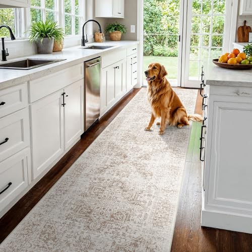 3x15 Washable Hallway Runner Rug: Long Vintage Soft Non Slip Rug IvoryBeige | Pet Friendly Water Resistant Low Pile Design Easy Clean Durable for Entryway Kitchen Living Room and High Traffic Areas - color: Ivory/Beige, size: 3x15