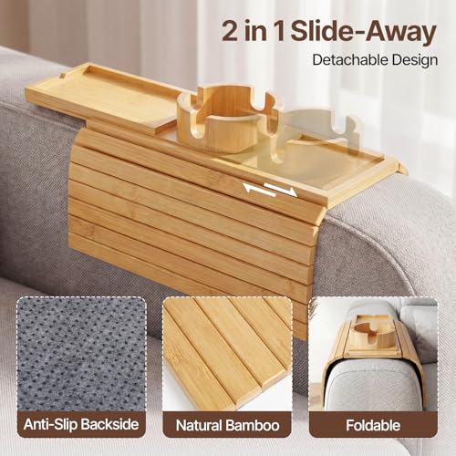 Bamboo Sofa Armrest Tray, Foldable Couch Arm Tray Side Table, 2 in 1 Anti-Falling Armrest Tables Cup Holder for Snacks, Drinks, Beers, Phone, Control, Flexible and Portable, Anti-Slip - color: Bamboo