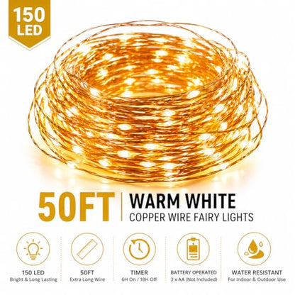 Christmas Hook™ 150 LED Fairy Lights, 50FT Warm White Copper Wire Lights, Battery Operated Fairy String Lights with Timer (6Hr/18Hr), Indoor Outdoor Fairy Lights for Room, Wedding, Mason Jar Decor