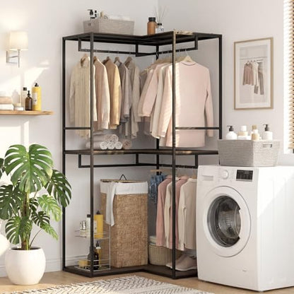 GIANTEX Heavy Duty Clothes Rack, 3-Tier L-Shaped Garment Rack w/3 Open Shelves & 2 Hanging Racks, Anti-Tippling Devices, Industrial Freestanding Closet Organizer for Bedroom, Living Room & Laundry