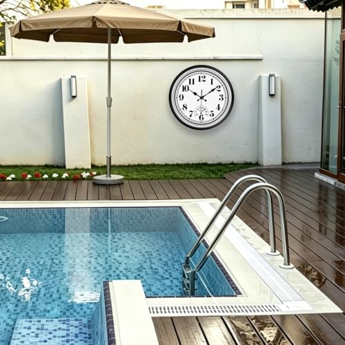 JENLYSTIME 12 Inch Indoor/Outdoor Retro Waterproof Wall Clock with Thermometer Silent Round Quartz Battery Operated Easy to Read Decorative for Kitchen Patio,Bathroom,Deck,Porch,Pool(Silver) - color: 12 Silver