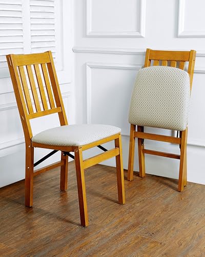 MECO Stakmore Arts and Craft Wooden Folding Chairs with Padded Seats, Set of 2 - No Assembly Foldable Dining Chairs, Steel Folding Mechanism, Upholstered Cushion, Space-Saving, Oak Frame - color: Oak