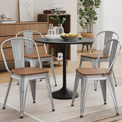 Alunaune 18inch Metal Dining Chair Set of 4 High Back Classic Chic Iron Farmhouse Chairs Industrial Stackable Coffee Stools Bistro Cafe Side Barstools Wood Seat-Silver - color: Silver