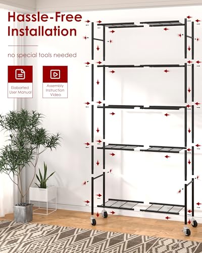 Sakugi 5-Tier Storage Shelves 33.1" x12.6" x73.5" Black with Wheels | Kitchen, Closet, Pantry, Garage, Heavy Duty, Adjustable Feet, Metal Construction - color: Black, size: 33.1W x 12.6D x 73.5H(5T)