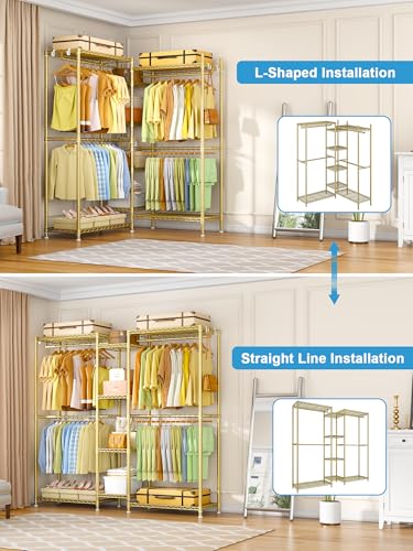 E4 Clothes Rack, Heavy-Duty Garment Rack Can Be L-Shaped Closet, Gold | Metal Freestanding Clothing Organization Storage System with Shelves and Hangers, Load 962lbs, 70.8"W x 14.5"D x 79.3"H - color: Gold
