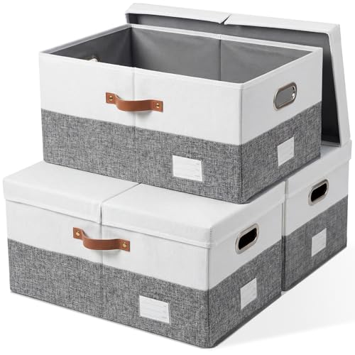 Storage Bins with Lids [3-Pack] Linen Fabric Foldable Storage Boxes Organizer Containers Baskets Cube with Cover for Bedroom Closet Office Grey&White (23.4X15.9X11.4) - color: Grey & White, size: XL(3-Pack)