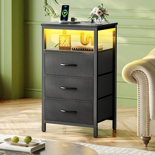 Huuger Night Stand with Charger Station and LED Lights, 3 Drawer Nightstand | Bed Side Table with Open ShelfEnd TableTall Fabric Dresser for Bedroom, Black - color: Black, size: 11.8"D x 15.7"W x 27.6"H（3 Drawers）