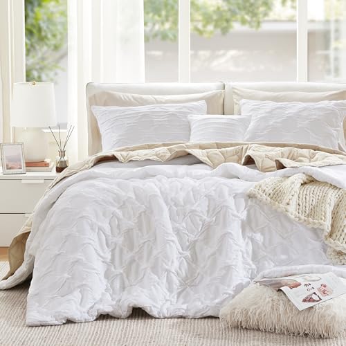 Comfort Spaces All Season King Size Comforter Set for Girls, 4 Piece, White | Bailey Ogee Ruched Bedding Set Cal King with Crinkle Texture Lightweight, Breathable Durable, Decorative Modern, Décor Pillow - color: White, size: King/Cal King