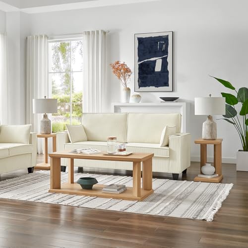 C Shaped End Table Set of 2, 23.2'' in Height Wooden Narrow Living Room Couch Side Table, 2 Tier Storage, Grain Wood Modern Nightstand for Bedroom, Apartment, Home Office (Natural Oak) - size: 2 Pack