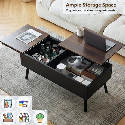 Lift Top Coffee Table with Storage for Living Room, Walnut Black | Large Hidden Compartments, Lifting Top, Slide Desktop, Modern Wooden Coffee Tables, for Home Office