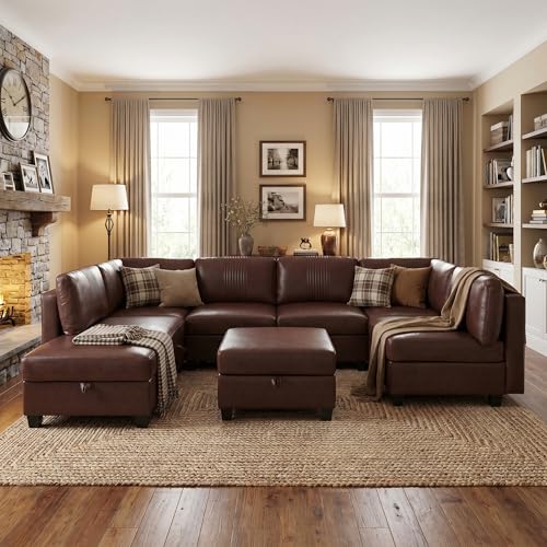 ERYE 128-Inch Oversized U Shaped Sectional Sofa 8 Seat Modular Storage Sofa Couch W/Deep Seat,Pet Friendly Faux Leather Upholstered Corner Convertible Sectional W/Movable Ottoman - color: Dark Brown 128"