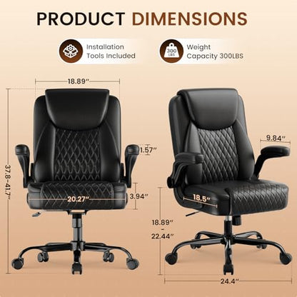 GTPLAYER PU Leather Office Chair, Home Desk Chair with Flip-up Arms, Black | Ergonomic Back, Comfy Executive Chair for Home Office Gaming, Flexible Rocking, Heavy Duty Chairs - color: Black