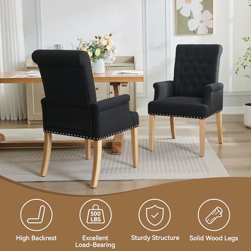 WUTUTUEE Fabric Dining Chair with Arms, Upholstered Tufted High Back Dining Room Chairs, Accent Armchair with Solid Wood Leg and Nailhead Trim, Kitchen Dining Living Room, Black - color: Black, size: 1 PC