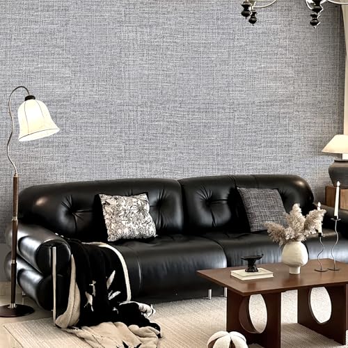Grey Grasscloth Peel and Stick Wallpaper 17.3"x120" Faux Linen Textured Contact Paper Removable Self Adhesive Vinyl Wallpaper for Bedroom Bathroom Kitchen Cabinets - color: Gray, size: 17.3" x 120"