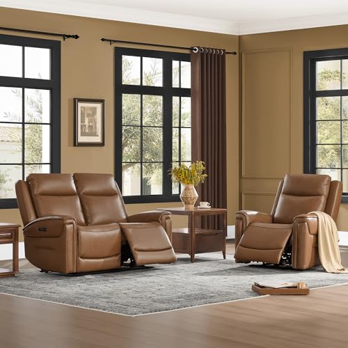 Watson & Whitely Reclining Loveseat Sofa with Power Headrest, Saddle Brown | Genuine Leather, Super Zero Gravity 2-Seat Recliner Couch for Living Room Home Theater Seating - color: Saddle, size: Loveseat