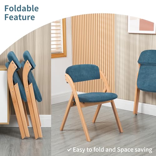Folding Chairs with Padded Seats | Wooden Stackable Dining Chair Set of 2 with Removable Cover Extra for Guests Kitchen Office Wedding Party Picnic, Smog Blue - color: Smog Blue, size: 2PCS