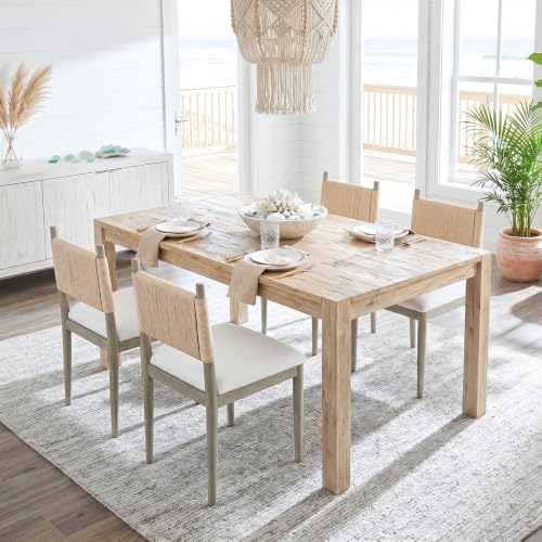 chairus Boho Coastal Woven Dining Chairs Set of 2, Weathered Gray Wood | Woven Rope Back Dining Room Chairs, Linen Upholstered Fabric, Modern Farmhouse Wooden Side Kitchen Chairs - color: Weathered Gray