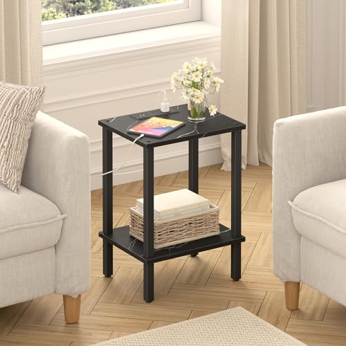 TUTOTAK End Table with Charging Station, Side Table Set of 2, Nightstand | 2-Tier Storage Shelf, Bedside Table with USB Ports, Sofa Table for Small Space, Livingroom, Bedroom Marble Black TB01BMK041 - color: Marble Black