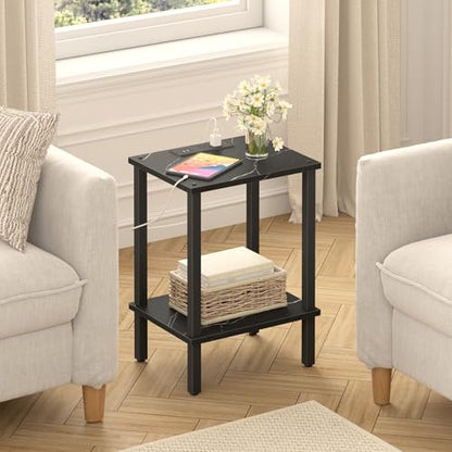 TUTOTAK End Table with Charging Station, Side Table Set of 2, Nightstand | 2-Tier Storage Shelf, Bedside Table with USB Ports, Sofa Table for Small Space, Livingroom, Bedroom Marble Black TB01BMK041 - color: Marble Black