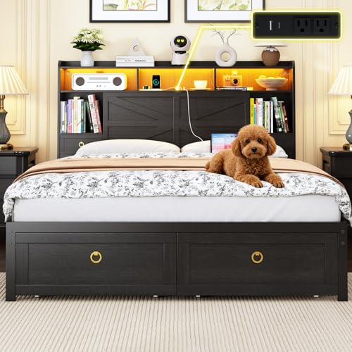 Full Bed Frame with Storage Headboard, Farmhouse Platform Bed Frame with Bookshelf, Drawers, LED Lights and Charging Station, Metal Slats Support, Noise Free, No Box Spring Needed, Black - size: Full
