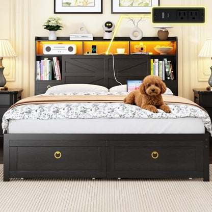 Full Bed Frame with Storage Headboard, Farmhouse Platform Bed Frame with Bookshelf, Drawers, LED Lights and Charging Station, Metal Slats Support, Noise Free, No Box Spring Needed, Black - size: Full