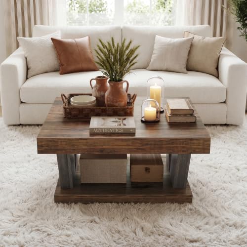 LITTLE TREE Coffee Table, Farmhouse Coffee Table with Large Storage Shelf | 2-Tier Rustic Wood Modern Center Table for Living Room、Home Office, Brown and Black - color: Black+brown