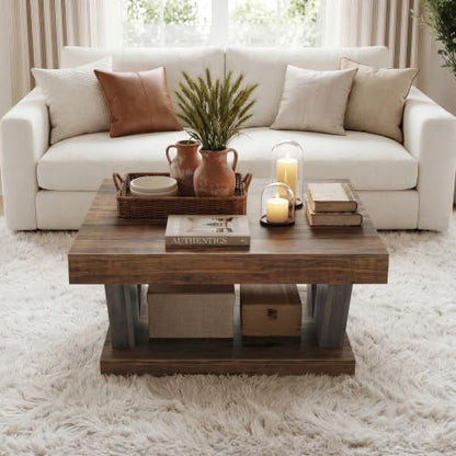 LITTLE TREE Coffee Table, Farmhouse Coffee Table with Large Storage Shelf | 2-Tier Rustic Wood Modern Center Table for Living Room、Home Office, Brown and Black - color: Black+brown