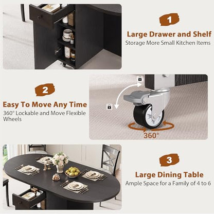 Jocoevol Round Folding Dining Table for 6, Space Saving Drop Leaf Kitchen Table with Storage Drawer, 6 Wheels Oval Gateleg Foldable Dining Table for Small Spaces (Black, 51" x 31.5" x 30") - color: Black