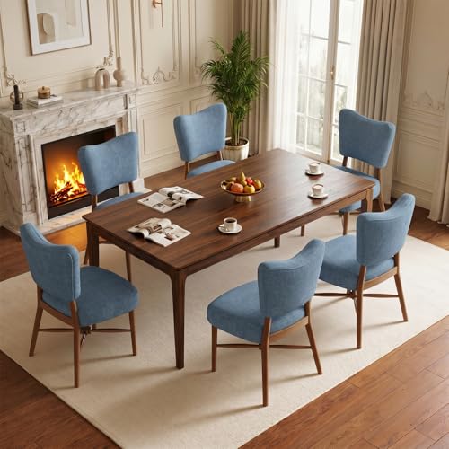 Dining Chairs Set of 6, Linen Upholstered, Solid Wood Legs, Blue | Mid Century Farmhouse, Cross-Brace Reinforced, Padded Cushion, Easy 15-Min Assembly, Kitchen Dining Room - color: Blue, size: Set of 6