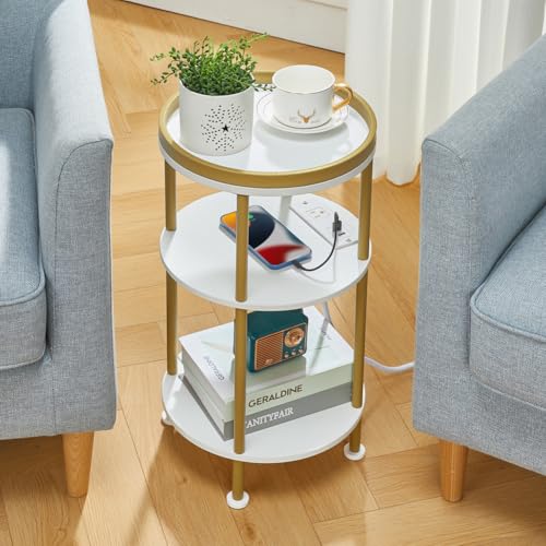 Small Round End Table with Charging Station, 3-Tier Accent Couch Beside Table with USB Ports & Power Outlets, Sofa Side Table for Living Room Small Nightstand Bedroom (USB Charger, White+Gold) | 3-Tier Accent Couch Beside Table with USB Ports & Power Outl