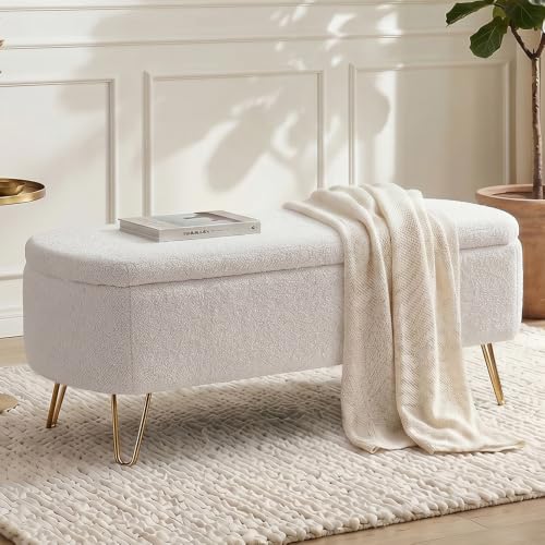 Modern Storage Ottoman Bench, Teddy Upholstered Entryway Bench with Gold Legs, Vintage End of Bed Bench with Safety Hinge, Padded Bench with Storage for Living Room, Bedroom, Entryway(Ivory) - color: Ivory