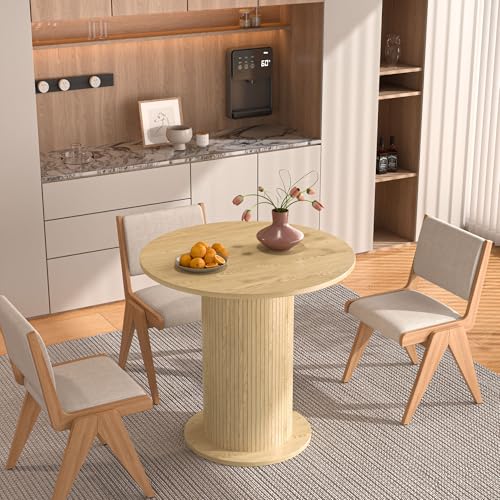31.5 inch Round Dining Table for 2, Modern Farmhouse Kitchen Table | Small Circle Dining Tables with Wood Strip Base for Kitchen Living Room - color: Natural