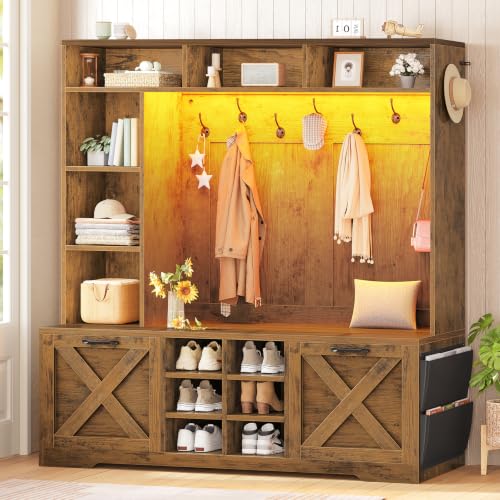Itaar Hall Tree with Bench and Shoe Storage, 59.1" Farmhouse Entryway Bench with Coat Rack, Shoe Cabinet with Flip Drawers, 12 Shelves, 9 Coat Hooks, Storage Bag, Led Lights, Rustic Brown - color: Rustic Brown, size: 11.8"D x 59.1"W x 70.9"H
