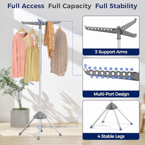 KINGBOARD Clothes Drying Rack, 59" H Laundry Drying Rack, 3 Rotatable Arms | 360° Rotatable Arms, 27 Hanger Holes, Stainless Steel, Tool-Free Setup, Portable for Travel & Small Home, Indoor, 27lbs Hold - size: 1 Tier