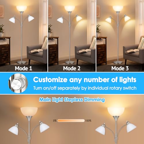 Coucrek Torchiere Floor Lamps for Living Room,72" Dimmable Lamp with 2 Adjustable Reading Lights for Bedroom, Tall Standing Room Lamp, 3 Bulbs Included - color: Nickel